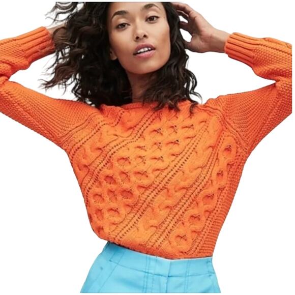 J Crew S Womens Orange Diagonal Cable Knit Crewneck Sweater Fall - Picture 10 of 10